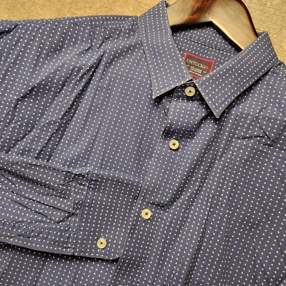 UNTUCKit Button Down Shirt Mens XXL‎ Blue White Geometric Triangle Print Cotton